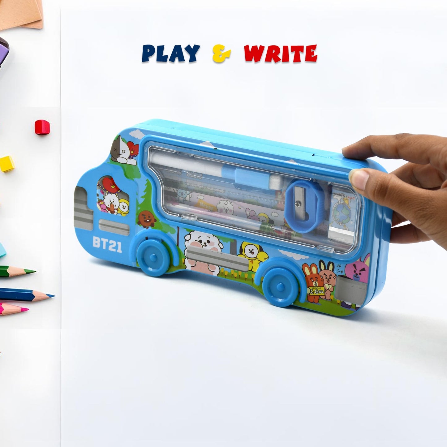 Bus Shape Compass Box for Boys, Kids School Accessories | Pencil Box with Wheels for Girls and Kids, String Operated Case Students School Supplies - Stationery Set Organizer Birthday Return Gift for Kids