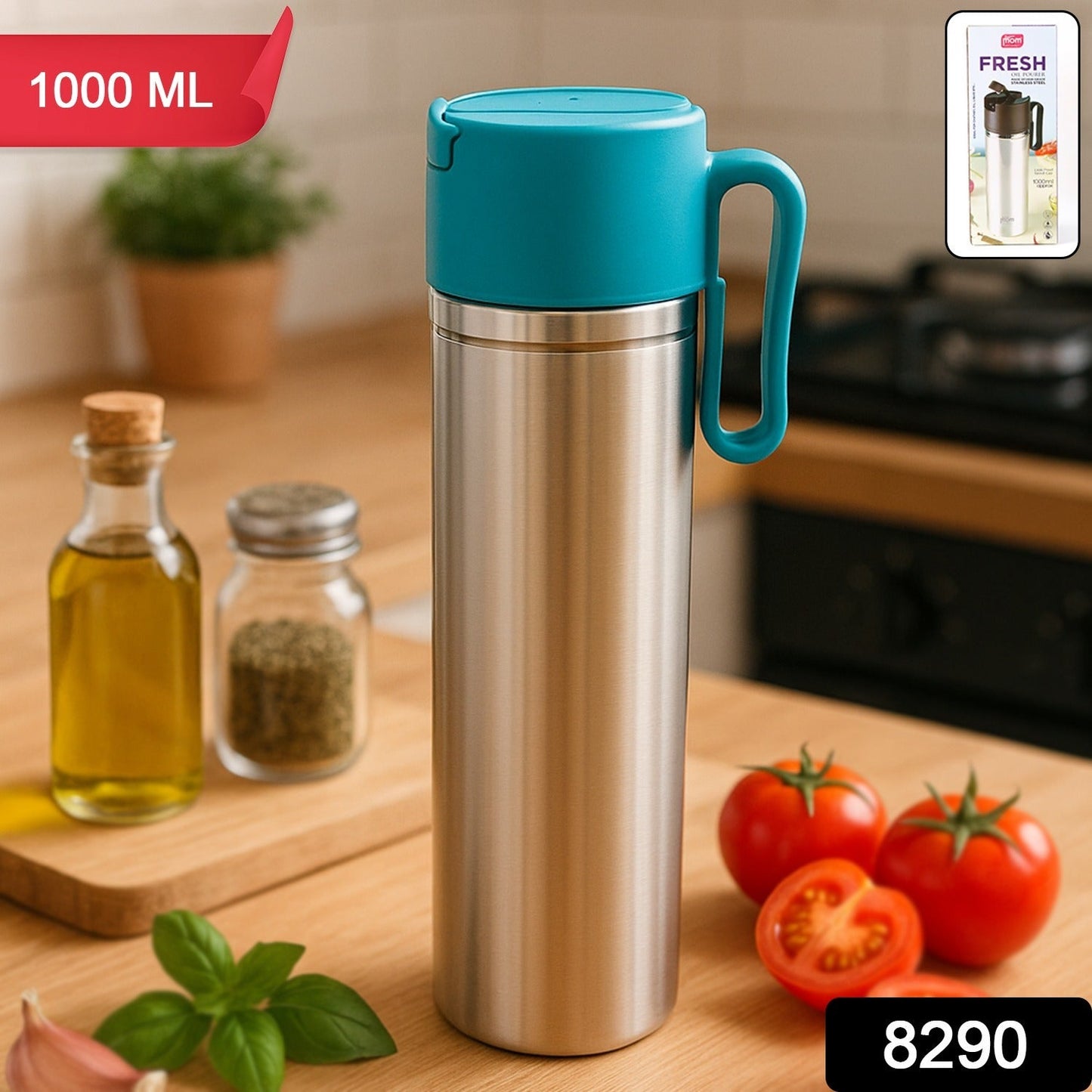 Stainless Steel Fresh Oil Pourer Bottle with Flip Lid and Handle Approx 1000ML (1 Pc)