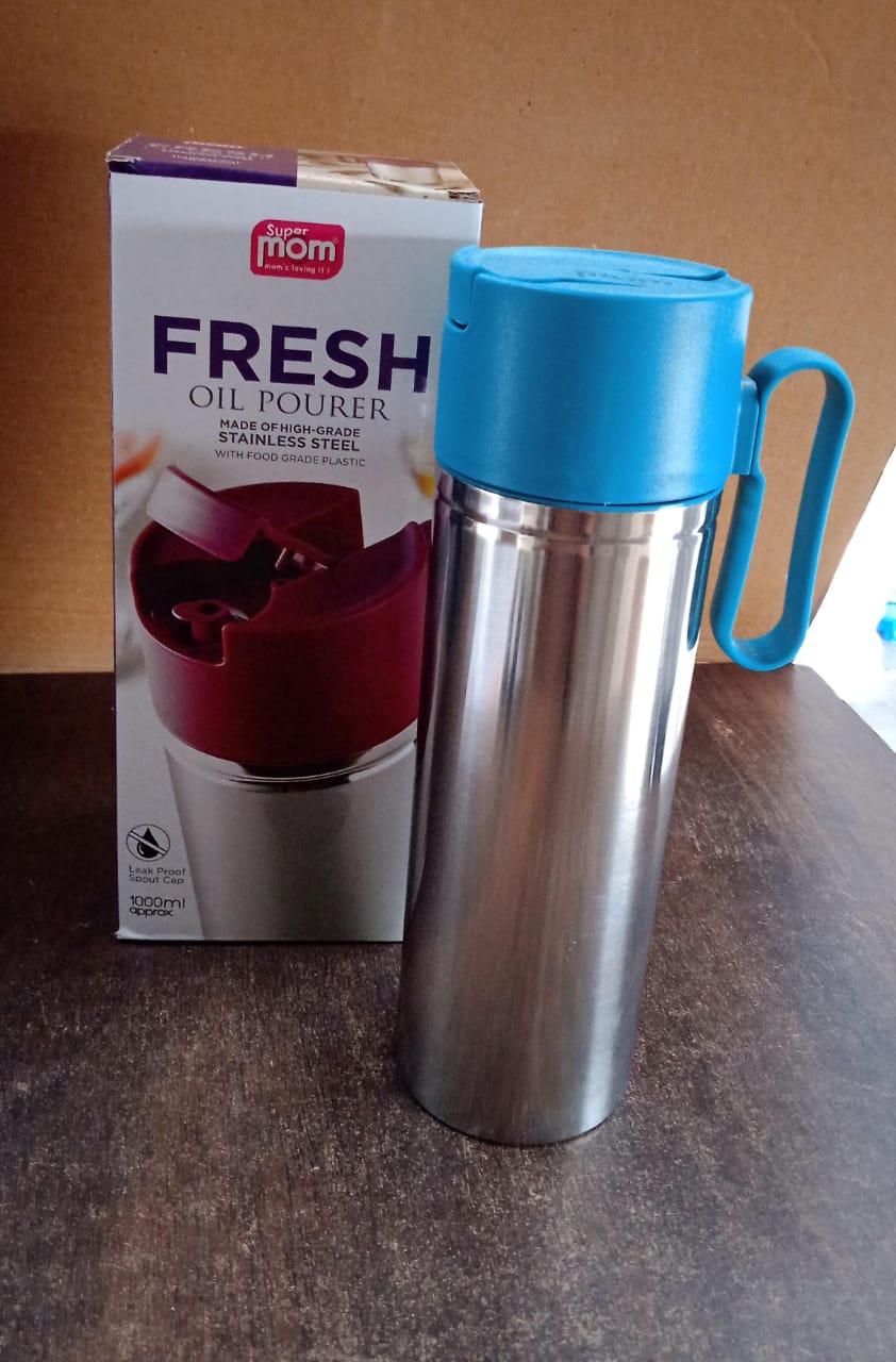 Stainless Steel Fresh Oil Pourer Bottle with Flip Lid and Handle Approx 1000ML (1 Pc)