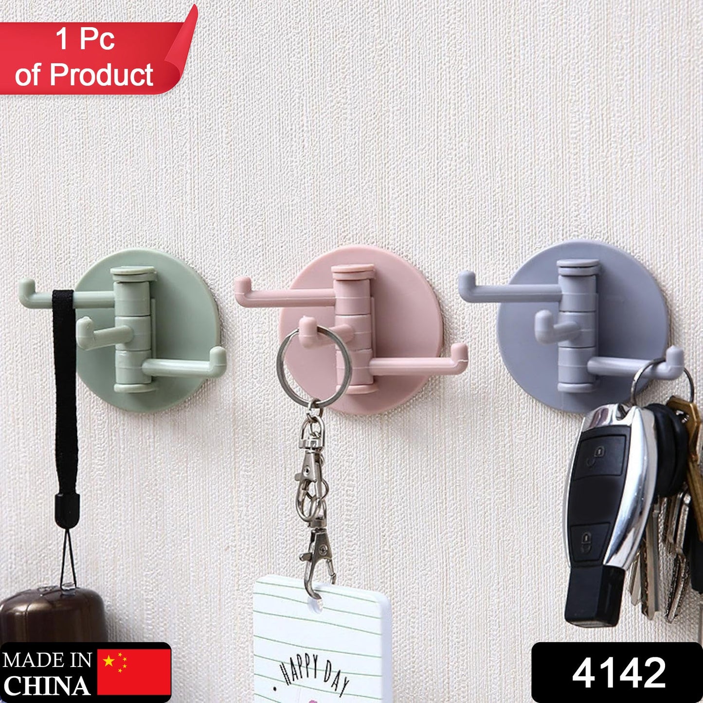 4142 Sticky Hook Household Strong Punch-Free Hook, 180°Foldable Multi-Function Rotatable Hook with 3 Hooks, Suitable for Bathroom, Kitchen, Office (1 Pc)
