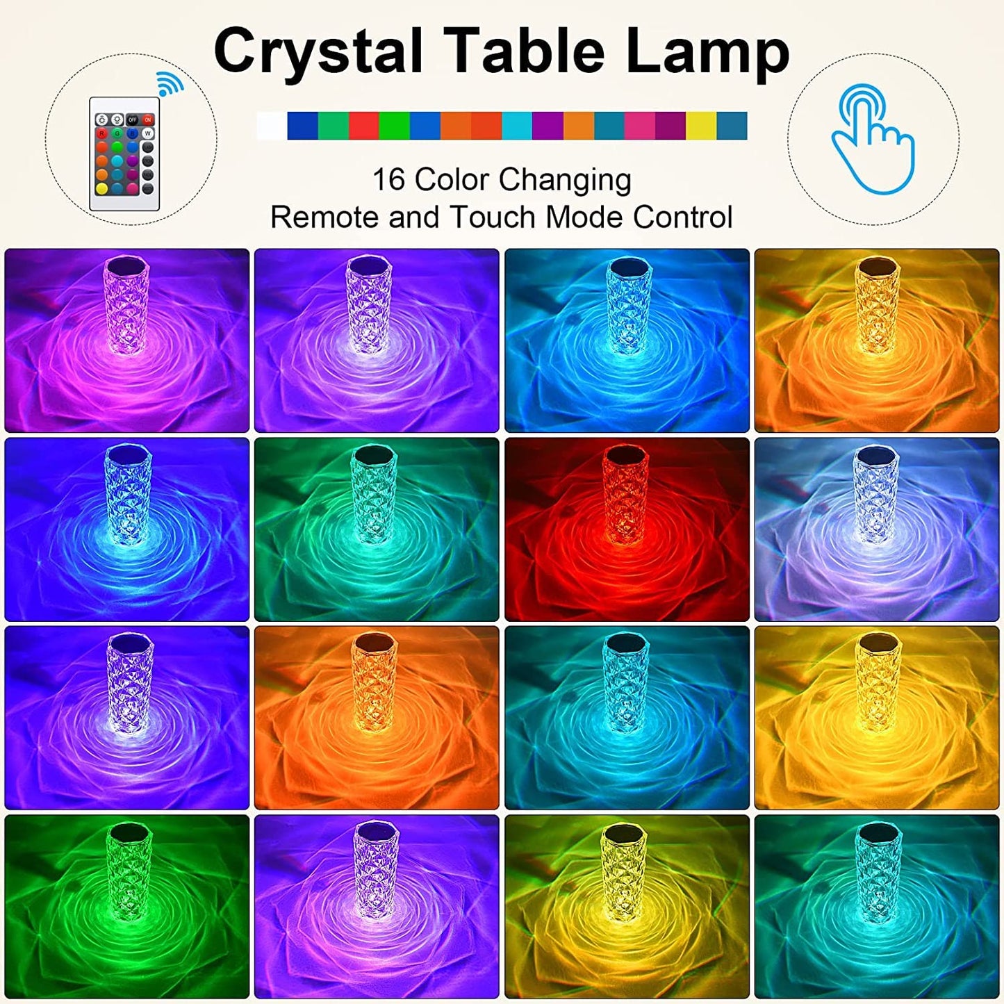 6604 Crystal Touch Night Light (16 Colors) - Rose Diamond Table Lamp with Remote Control, USB Table Lamp, Romantic Date Lighting Decor for Festival, Bedroom, Dining Room