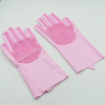 4187 Dishwashing Gloves with Scrubber| Silicone Cleaning Reusable Scrub Gloves for Wash Dish Kitchen| Bathroom| Pet Grooming Wet and Dry Glove (1 Pair , 196Gm)