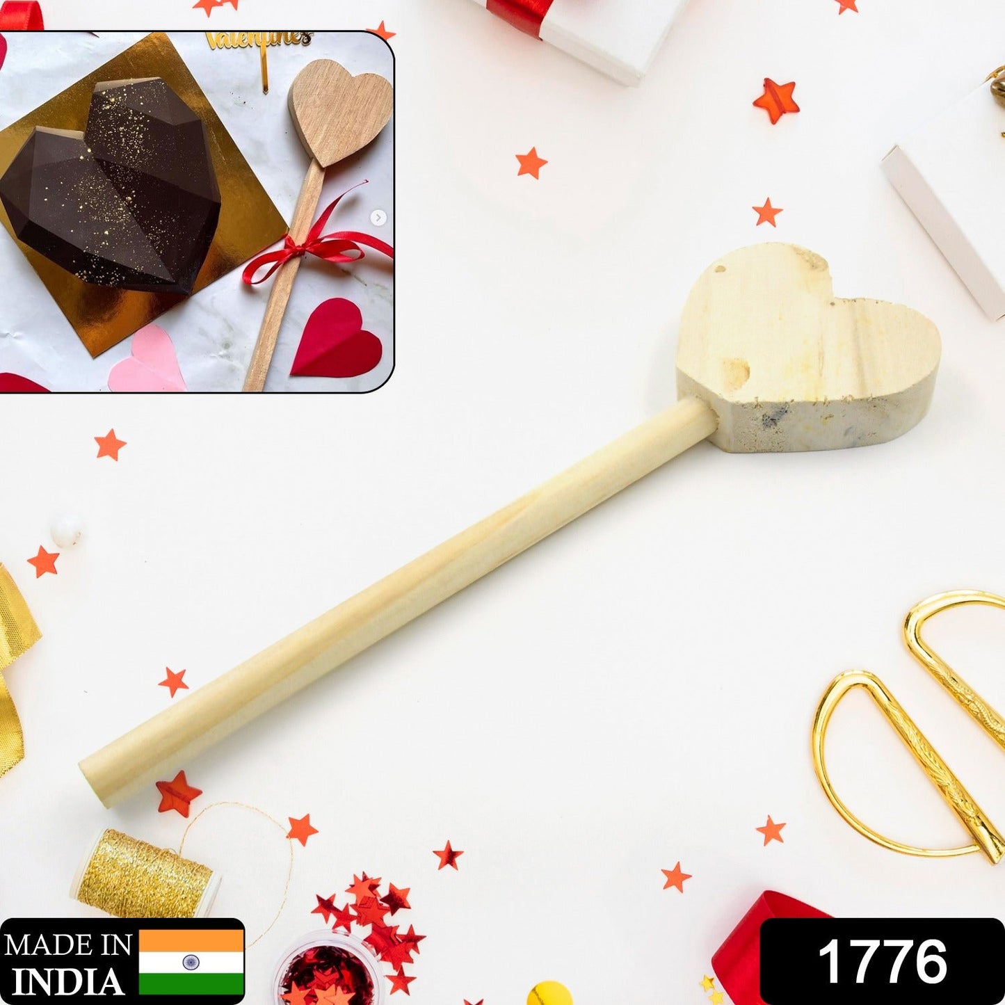 1776 Special Heart Shape Wooden Hammer for Pinata Cake, Pinata 10 inch Wooden Hammer for Pinata Cake (1 Pc)