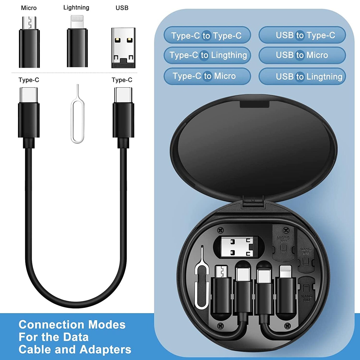 0377 Mini Multi-Functional Fast Charging Data Cable Set for Apple, Android, Type C Charging with Retrieve Card Pin,Round Storage Box,Compact and Portable, USB Data Cable Storage Box Travel Cable Set (5in1)