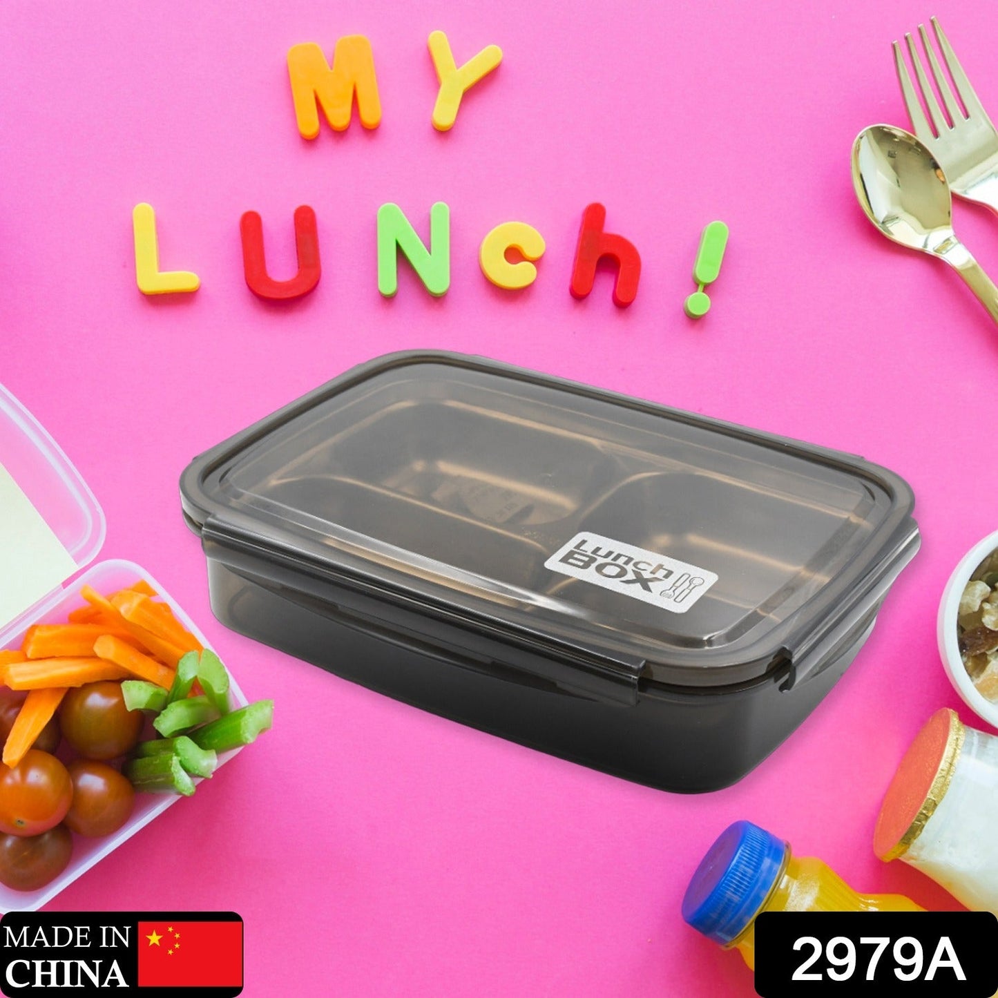 2979A Black Transparent 4 Compartment Lunch Box for Kids and adults, Stainless Steel Lunch Box with 4 Compartments For Office, Travel, School, Home