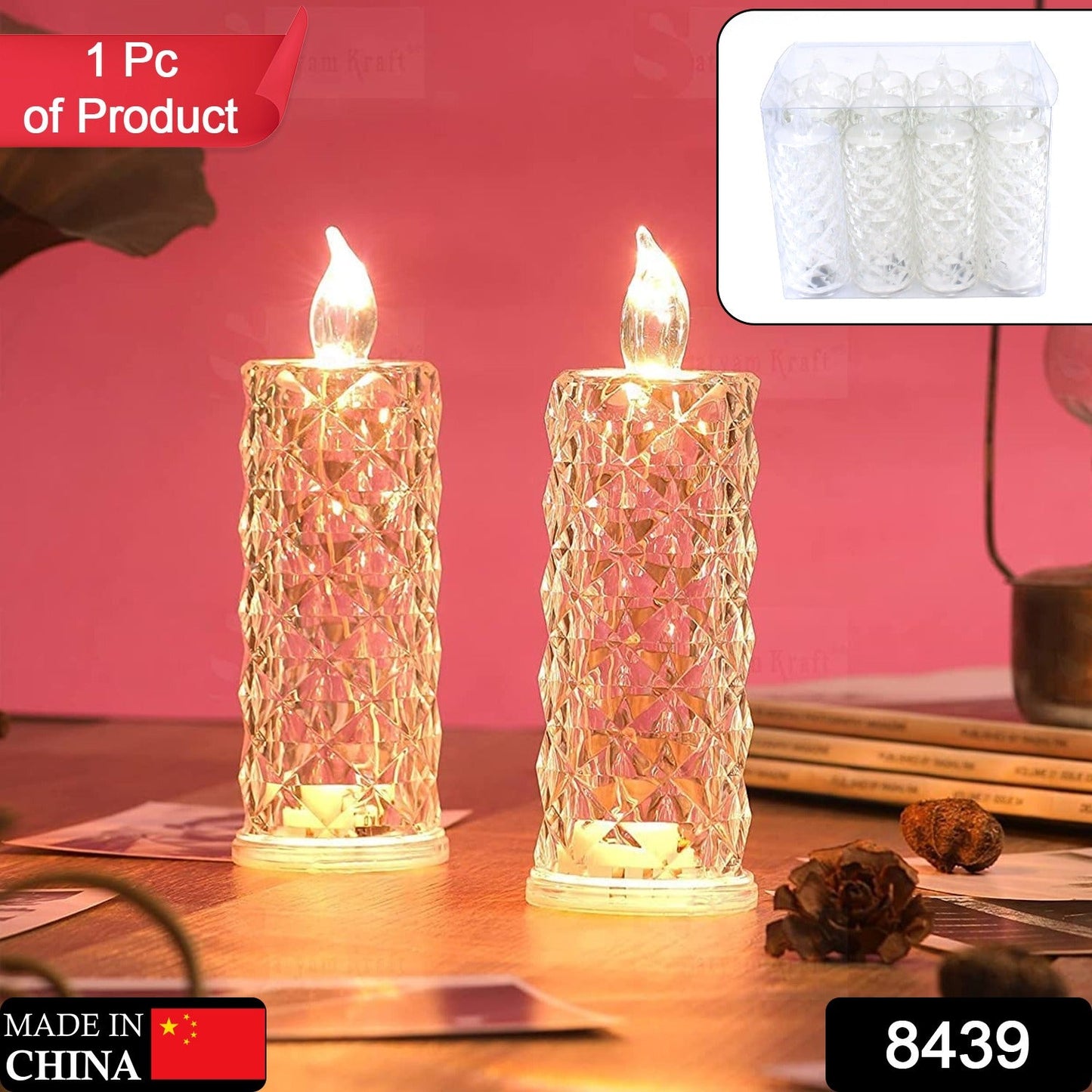 8439 Rose Candles LED Flameless and Smokeless Decorative Acrylic Transparent Candles Led Tea Light Candle Perfect for Gifting, Home, Diwali, Christmas, Crystal Candle Lights (1 Pc)  (MOQ :- 12 pc )