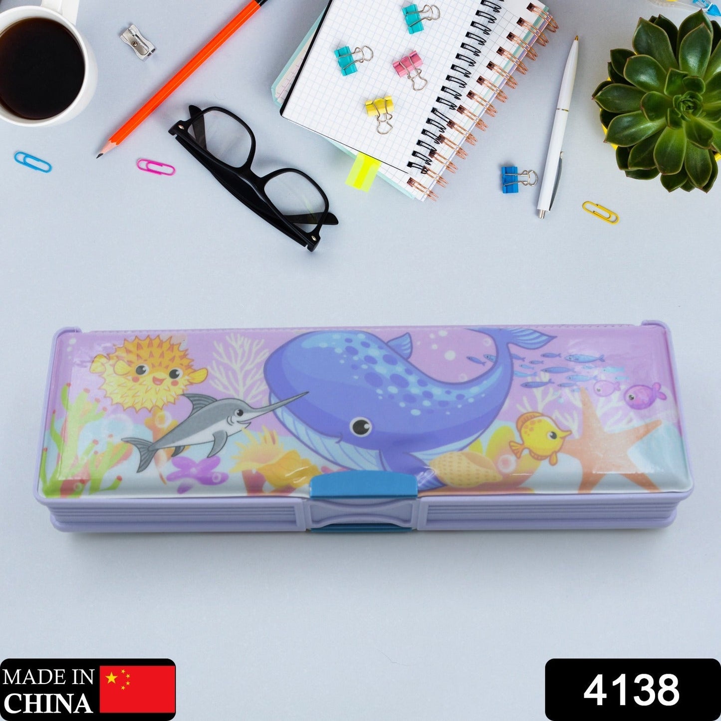 4138 Multipurpose Compass Box, Plastic Double Deck Pencil Case with 2 Compartments, Supplies Utility Box Storage Organizer, Pencil Box for School, Cartoon Printed Pencil Case for Kids, Birthday Gift for Girls & Boys