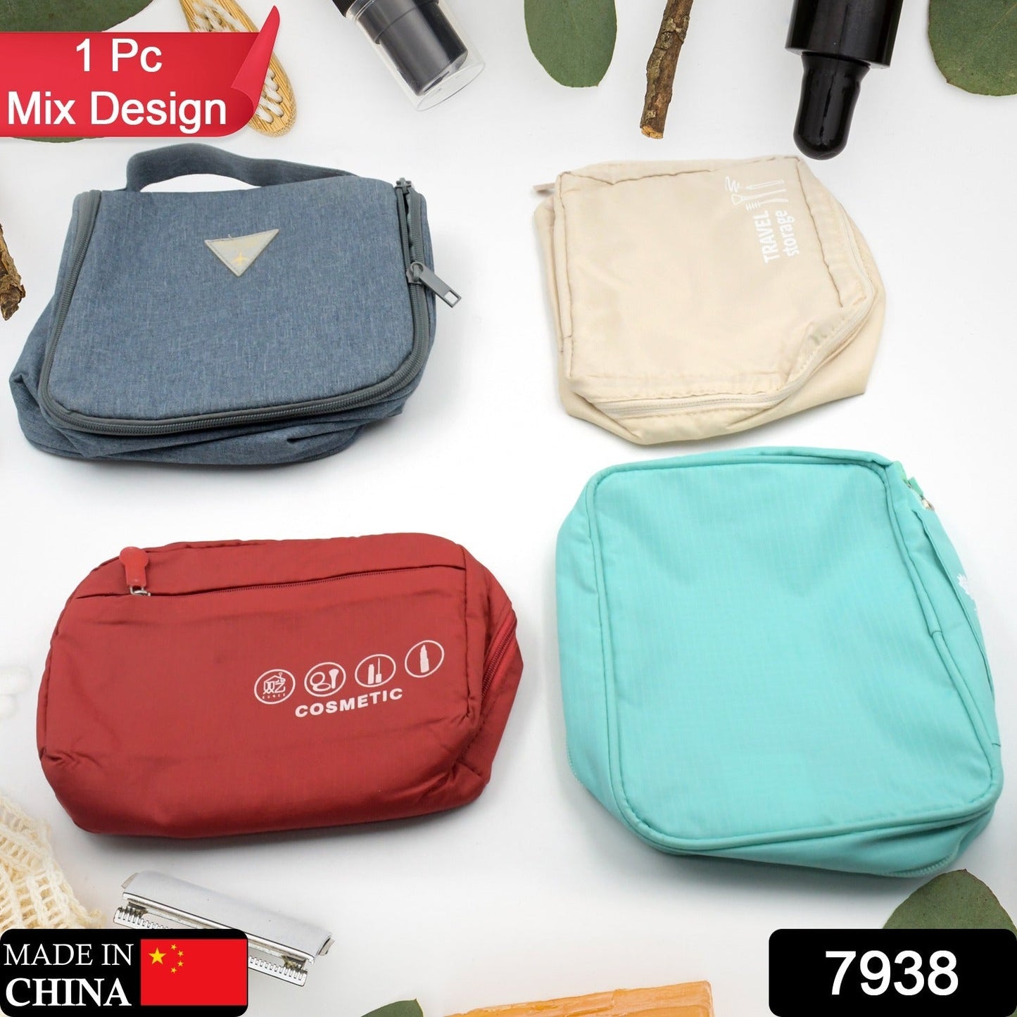 7938 Travel Wash Bag Multi-Functional Waterproof Cosmetic Storage Bag Handheld Foldable Hook Cosmetic Bag with Zipper Closure Handbag Portable Classification Bags(1 Pc Mix Design)