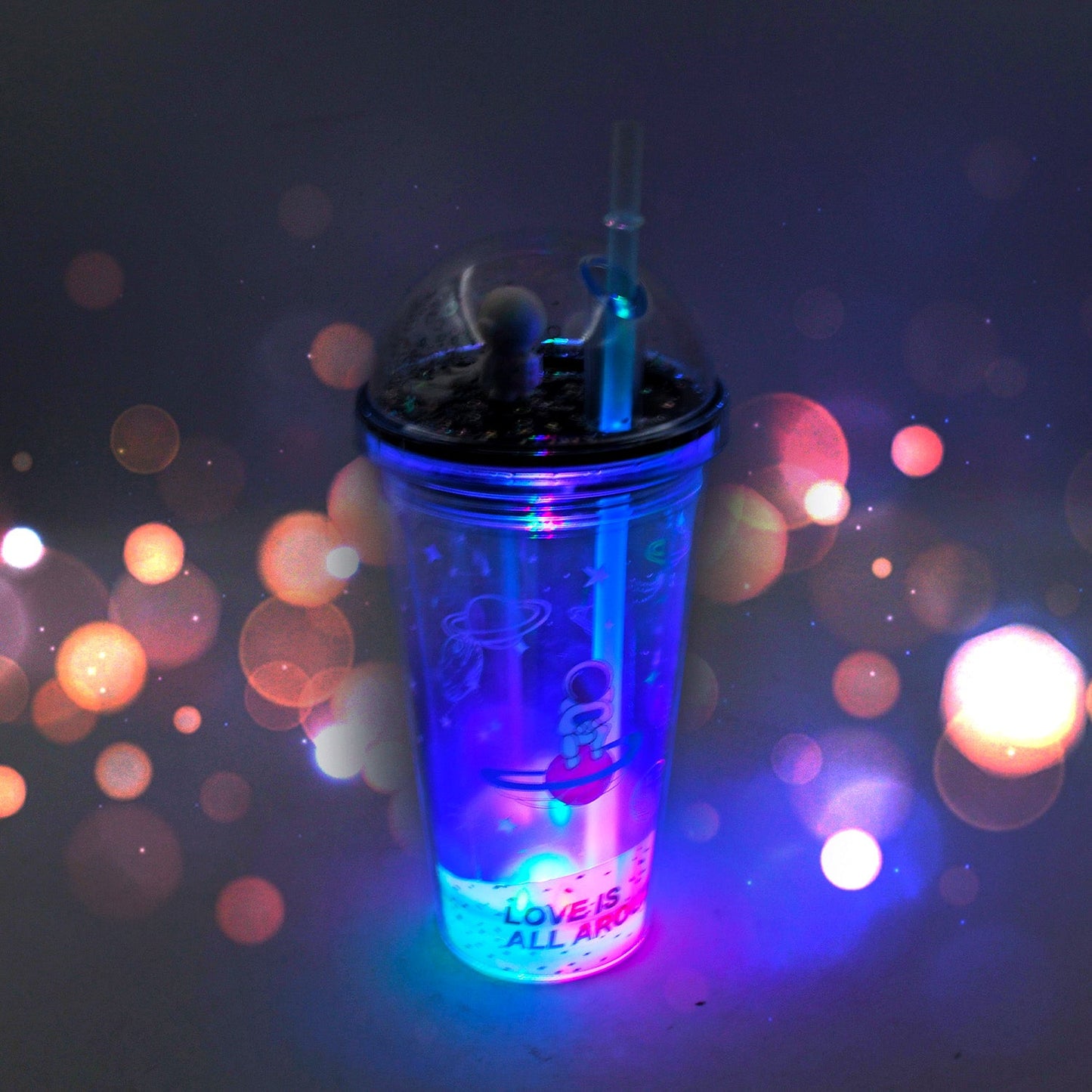 6883B  LED Glow Light, Design Printed Insulated Double Wall Plastic Tumbler Cups With Straws 13oz Theming Astronaut in Space Travel Tumbler Freezer Mug Drinking Cups for Boys and Girls School/Tuition/Gym/ Picnic (Pack Of 1)
